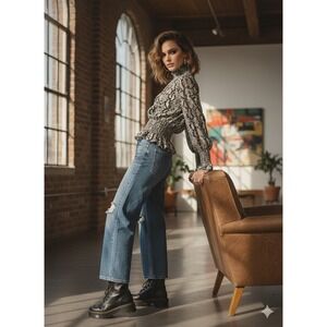 Shinestar Snakeskin Print Smocked Mock Neck Peplum Blouse Grey Tan ST3436B Small